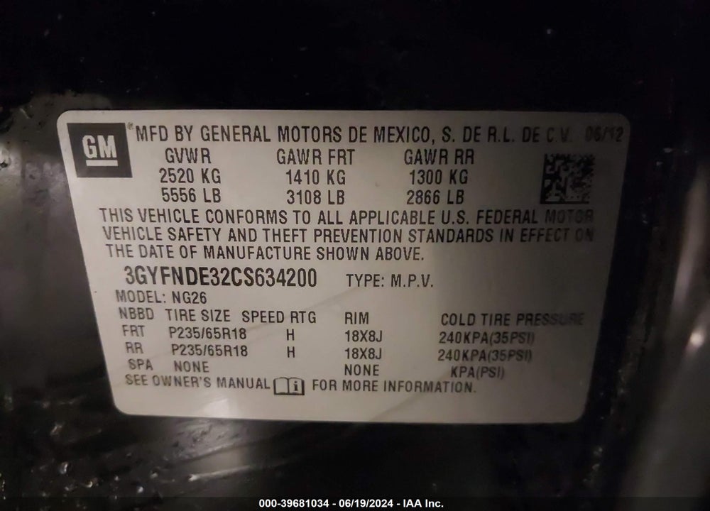 2012 CADILLAC SRX LUXURY COLLECTION VIN: 3GYFNDE32CS634200