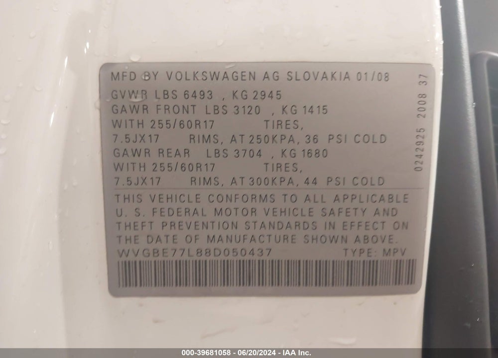 2008 VOLKSWAGEN TOUAREG 2 VR6 FSI VIN: WVGBE77L88D050437