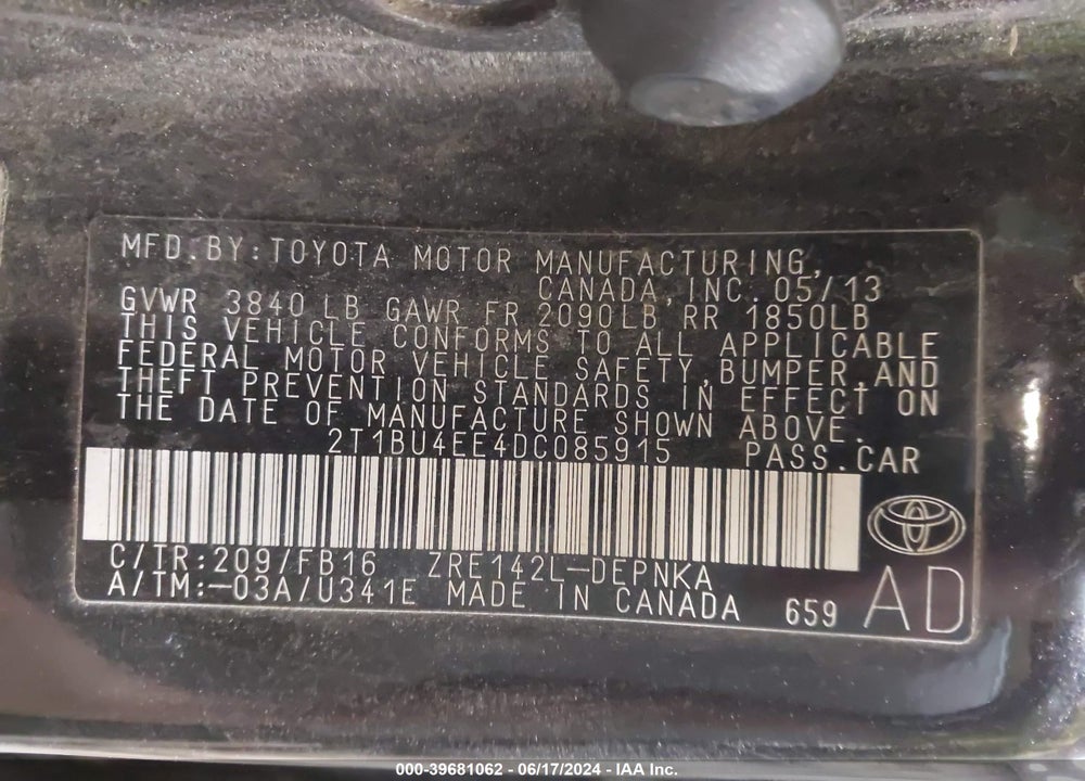 2013 TOYOTA COROLLA LE VIN: 2T1BU4EE4DC085915