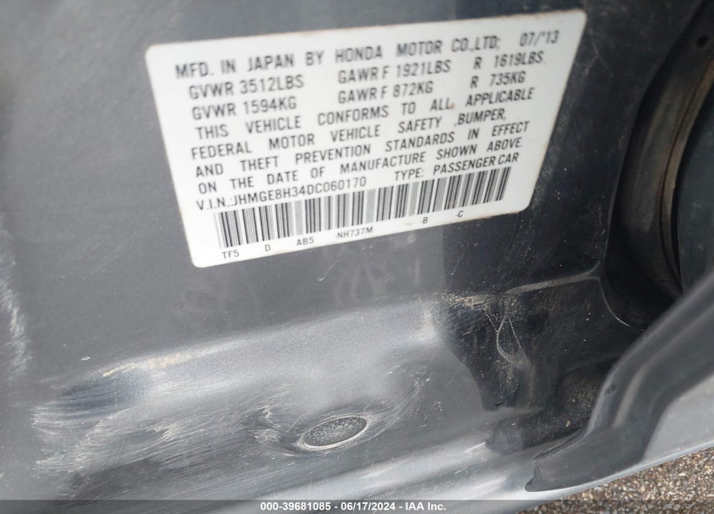 2013 HONDA FIT VIN: JHMGE8H34DC060170