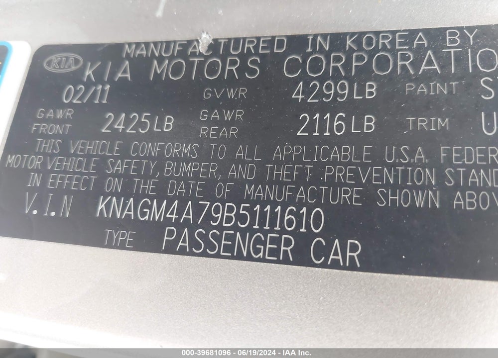 2011 KIA OPTIMA LX VIN: KNAGM4A79B5111610