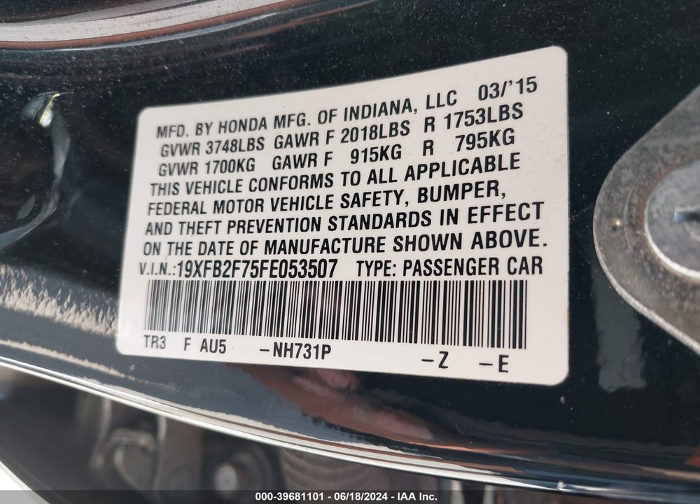 2015 HONDA CIVIC SE VIN: 19XFB2F75FE053507