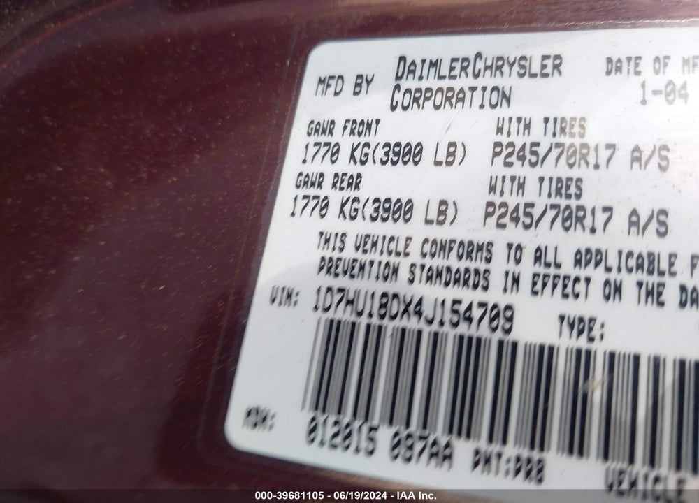2004 DODGE RAM 1500 SLT/LARAMIE VIN: 1D7HU18DX4J154709
