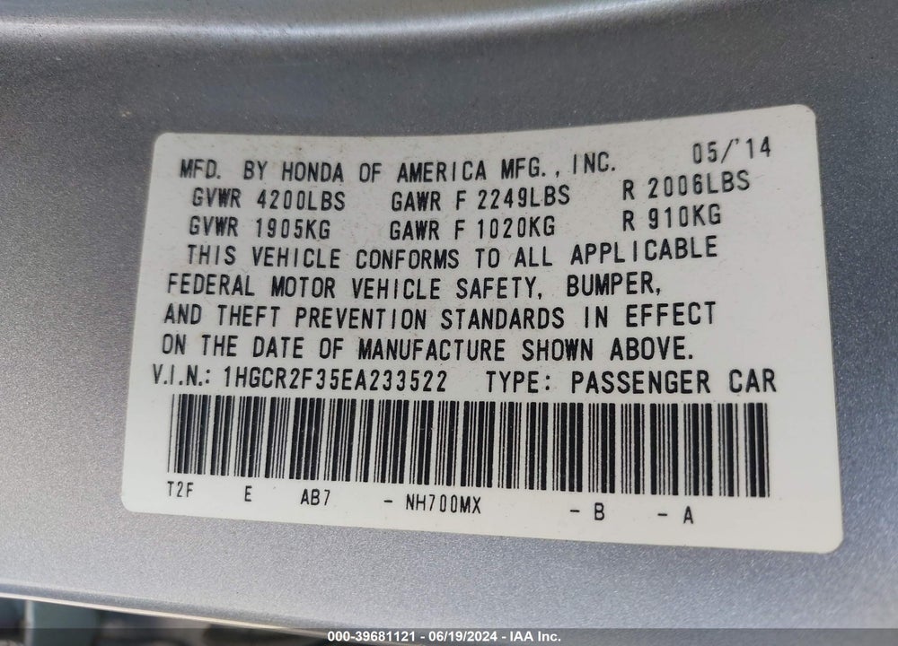 2014 HONDA ACCORD LX VIN: 1HGCR2F35EA233522
