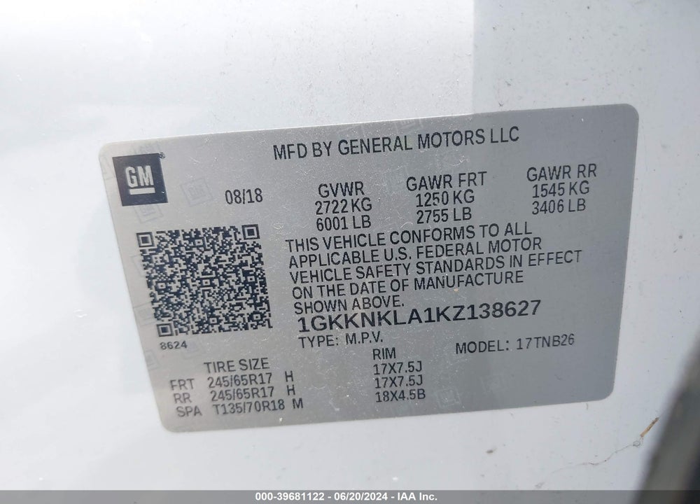 2019 GMC ACADIA SLE-1 VIN: 1GKKNKLA1KZ138627