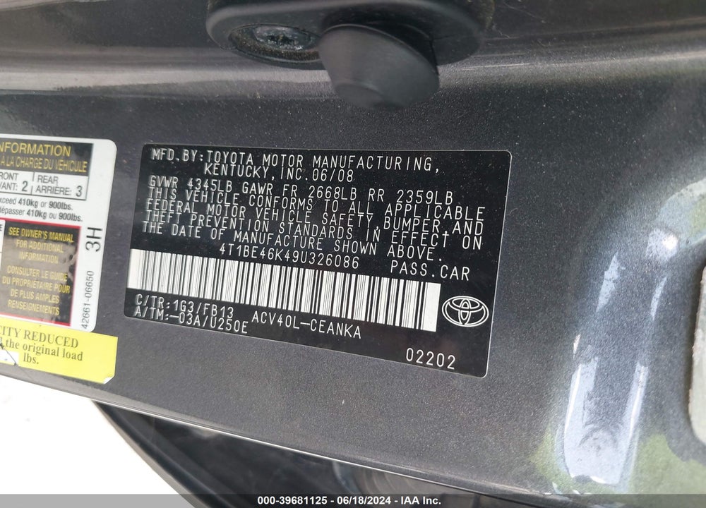 2009 TOYOTA CAMRY LE VIN: 4T1BE46K49U326086