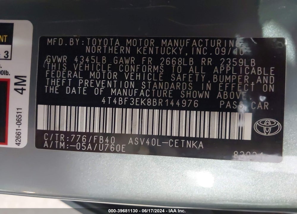 2011 TOYOTA CAMRY LE VIN: 4T4BF3EK8BR144976