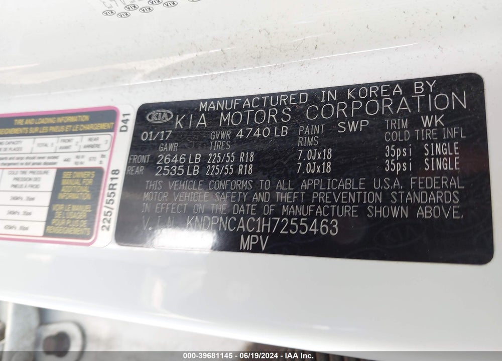 2017 KIA SPORTAGE EX VIN: KNDPNCAC1H7255463