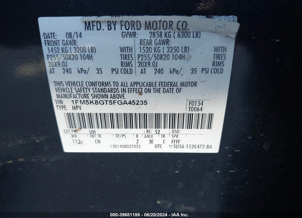 2015 FORD EXPLORER SPORT VIN: 1FM5K8GT5FGA45235