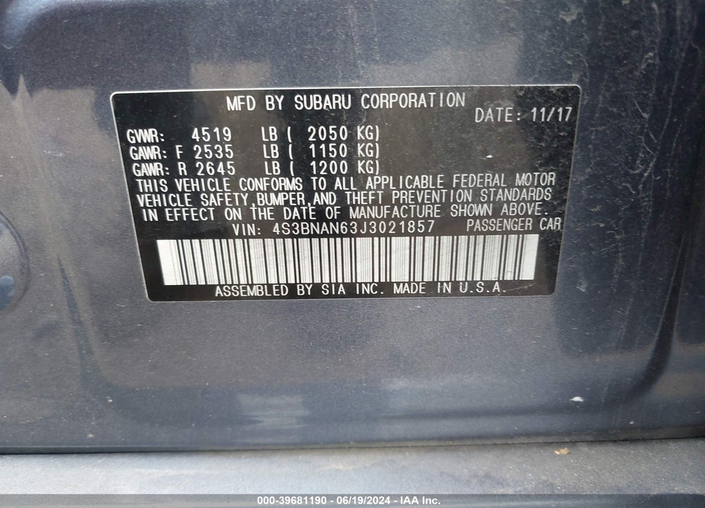 2018 SUBARU LEGACY 2.5I LIMITED VIN: 4S3BNAN63J3021857
