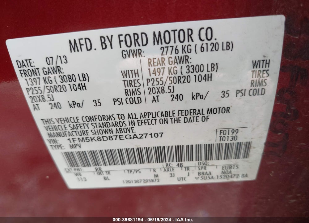 2014 FORD EXPLORER XLT VIN: 1FM5K8D87EGA27107