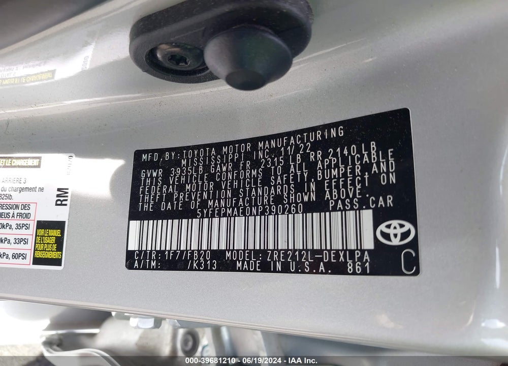 2022 TOYOTA COROLLA LE VIN: 5YFEPMAE0NP390260