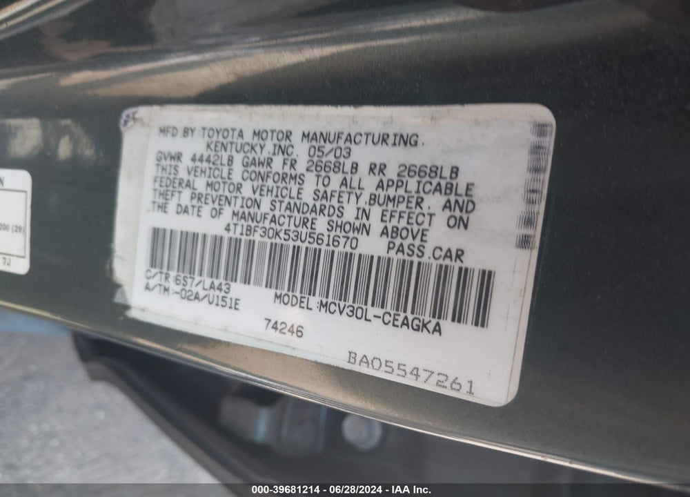 2003 TOYOTA CAMRY XLE V6 VIN: 4T1BF30K53U561670