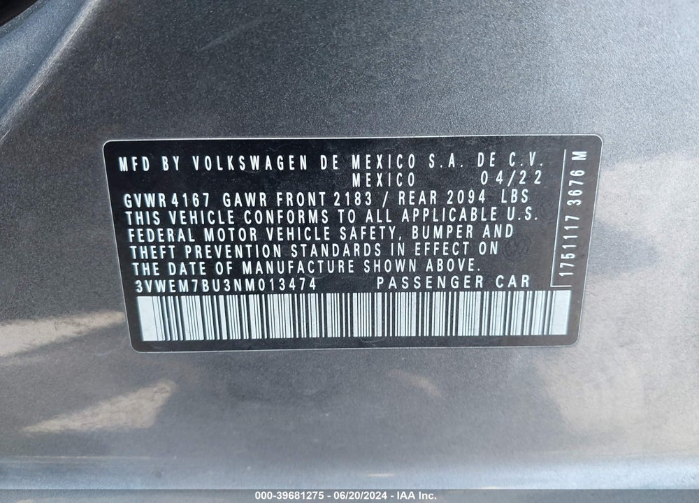 2022 VOLKSWAGEN JETTA 1.5T SE VIN: 3VWEM7BU3NM013474
