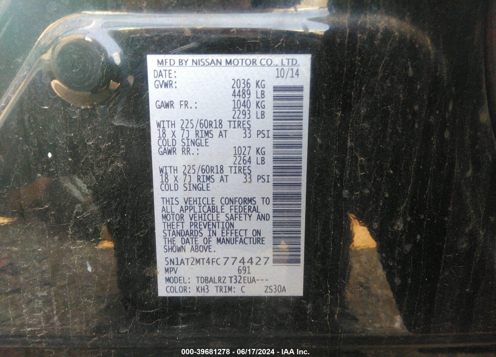 2015 NISSAN ROGUE SL VIN: 5N1AT2MT4FC774427