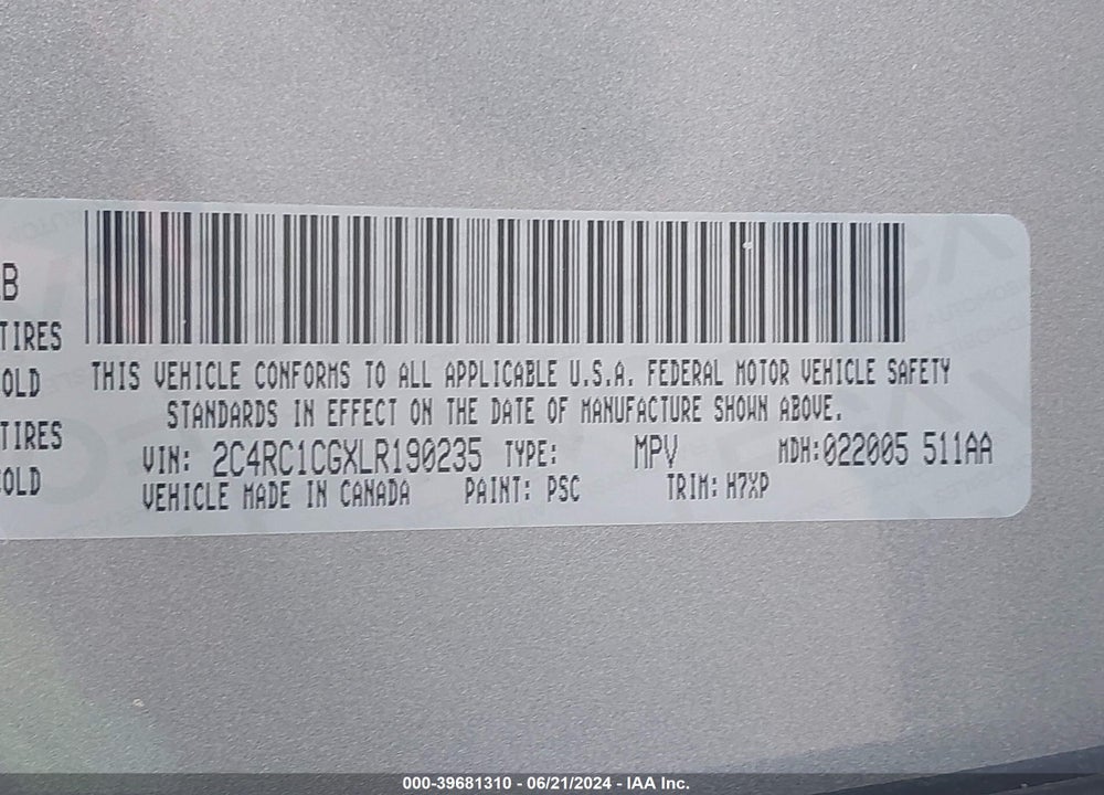 2020 CHRYSLER VOYAGER LX VIN: 2C4RC1CGXLR190235
