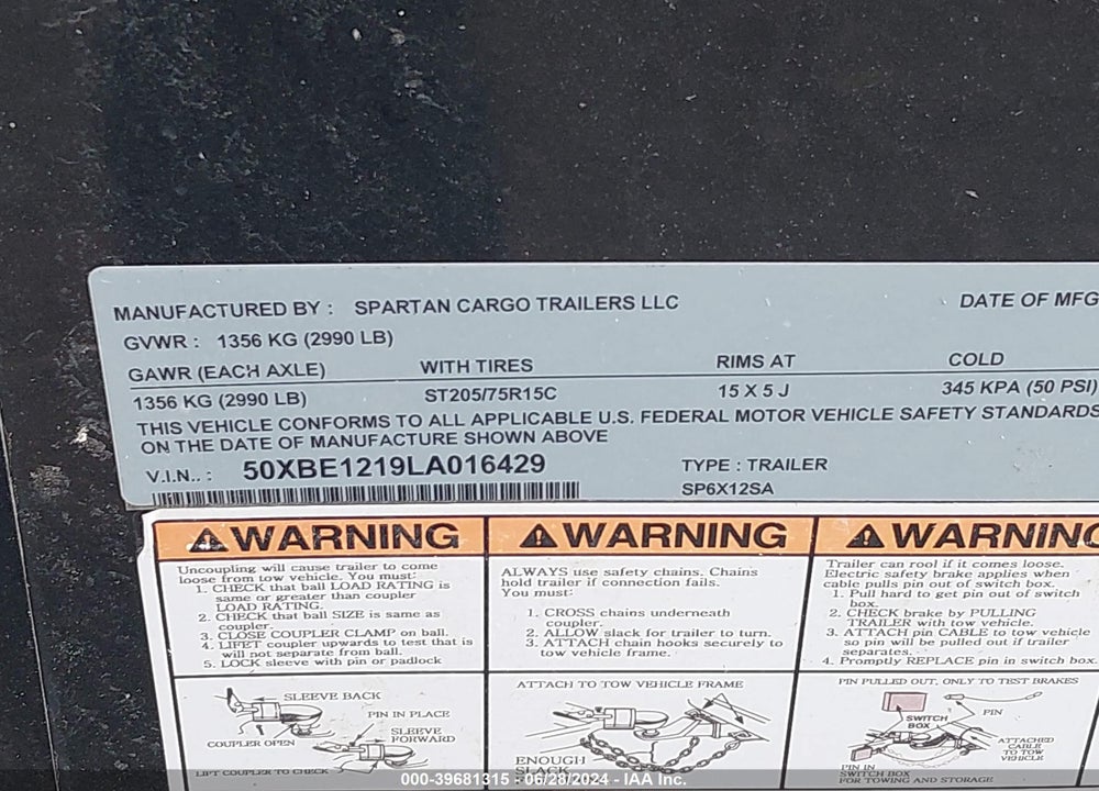 2021 SPARTA MANUFACTURING CORP OTHER VIN: 50XBE1219LA016429