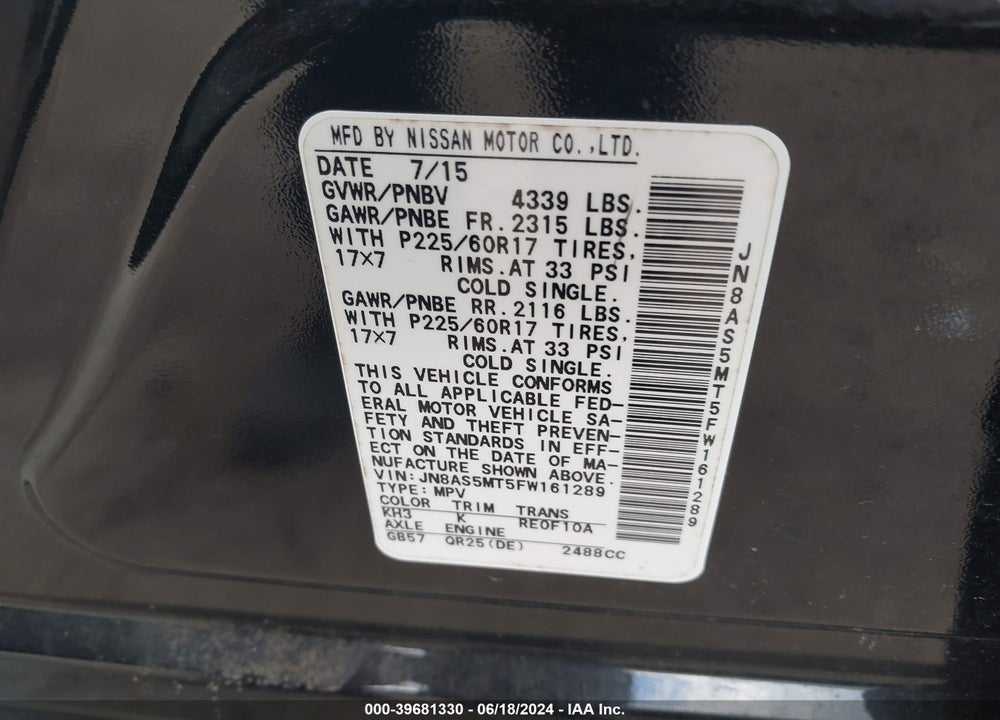 2015 NISSAN ROGUE SELECT S VIN: JN8AS5MT5FW161289