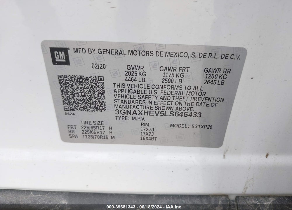 2020 CHEVROLET EQUINOX FWD LS VIN: 3GNAXHEV5LS646433