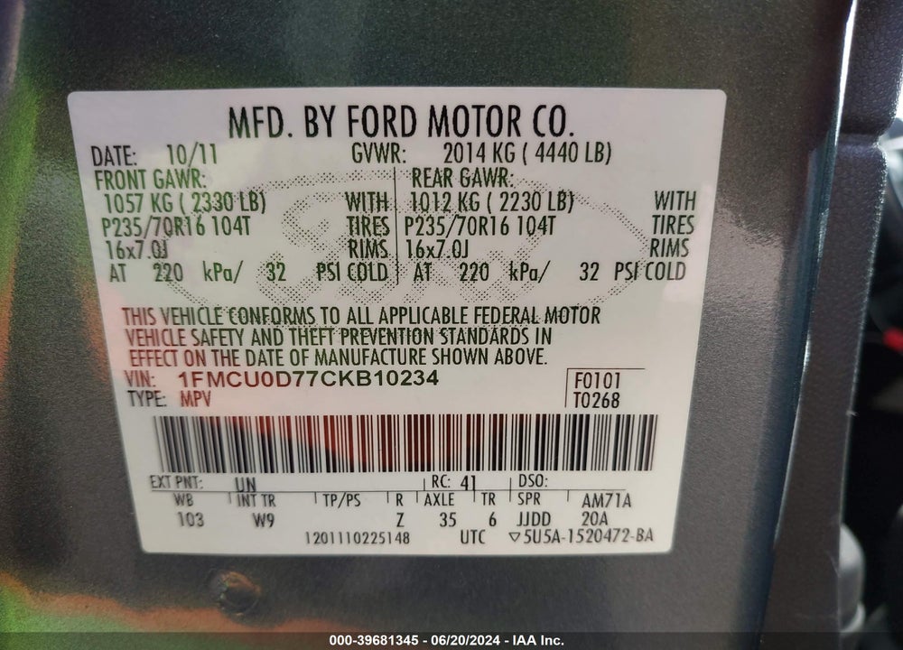 2012 FORD ESCAPE XLT VIN: 1FMCU0D77CKB10234