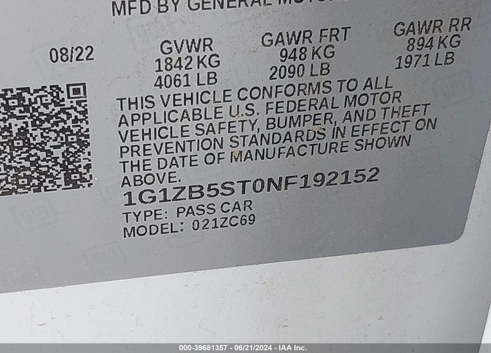 2022 CHEVROLET MALIBU FWD LS VIN: 1G1ZB5ST0NF192152