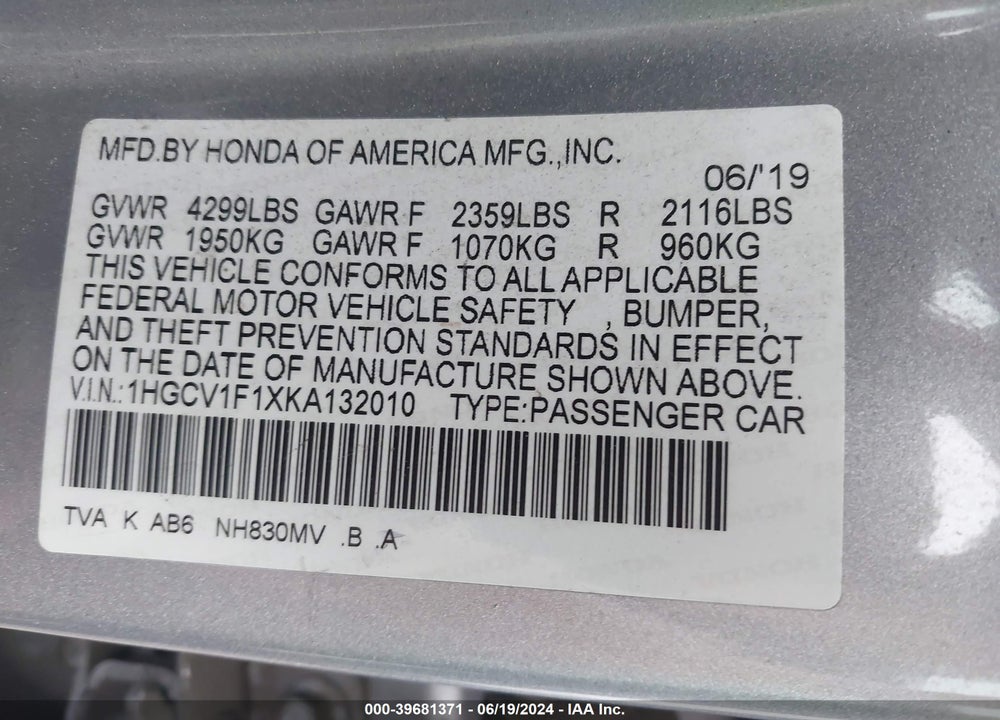 2019 HONDA ACCORD LX VIN: 1HGCV1F1XKA132010