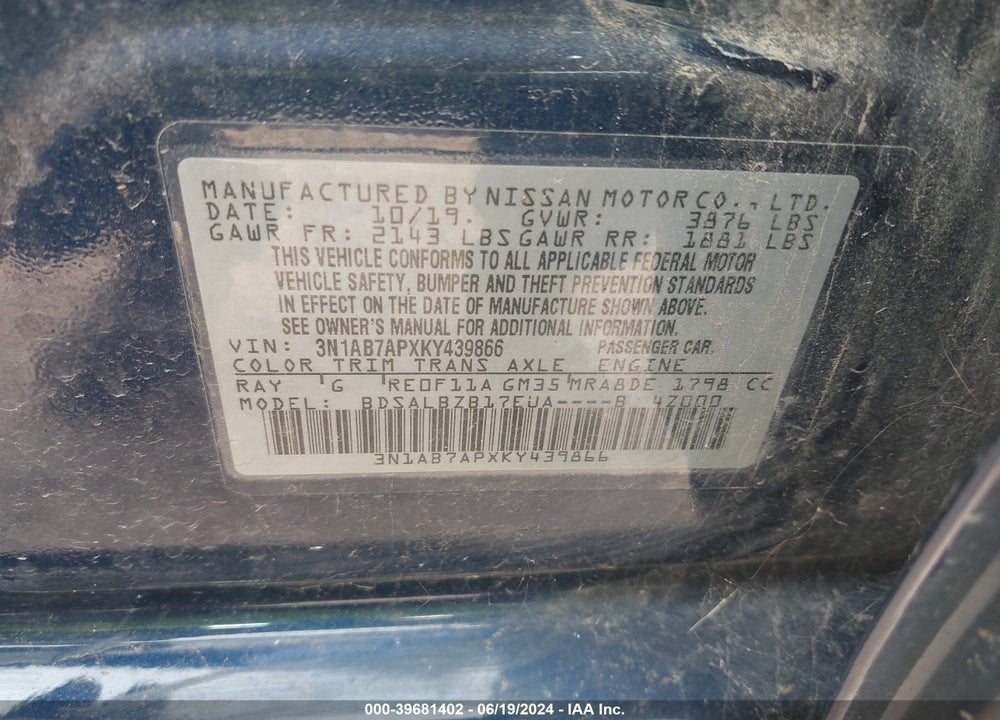 2019 NISSAN SENTRA S VIN: 3N1AB7APXKY439866