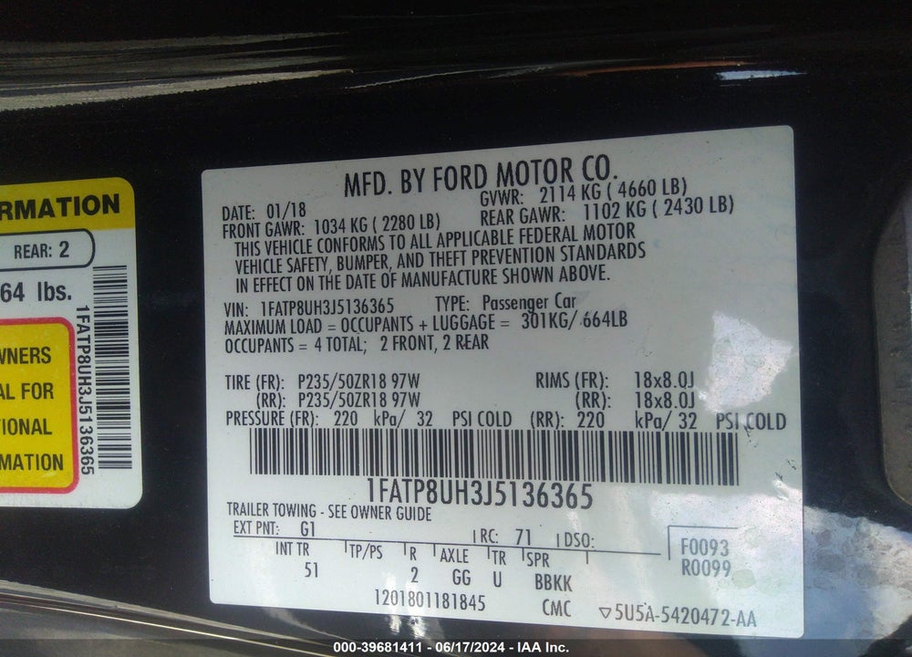 2018 FORD MUSTANG ECOBOOST PREMIUM VIN: 1FATP8UH3J5136365