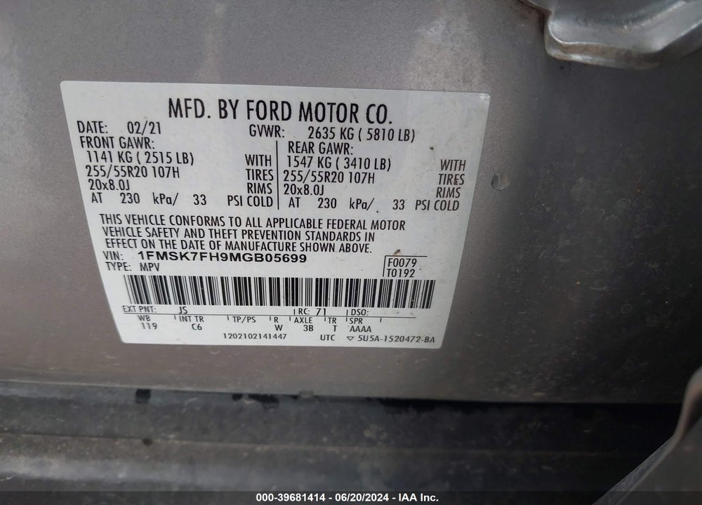 2021 FORD EXPLORER LIMITED VIN: 1FMSK7FH9MGB05699