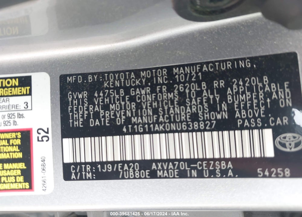 2022 TOYOTA CAMRY SE VIN: 4T1G11AK0NU638827