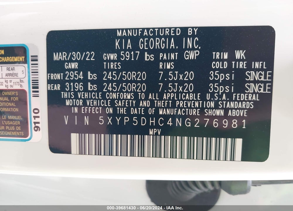 2022 KIA TELLURIDE SX VIN: 5XYP5DHC4NG276981