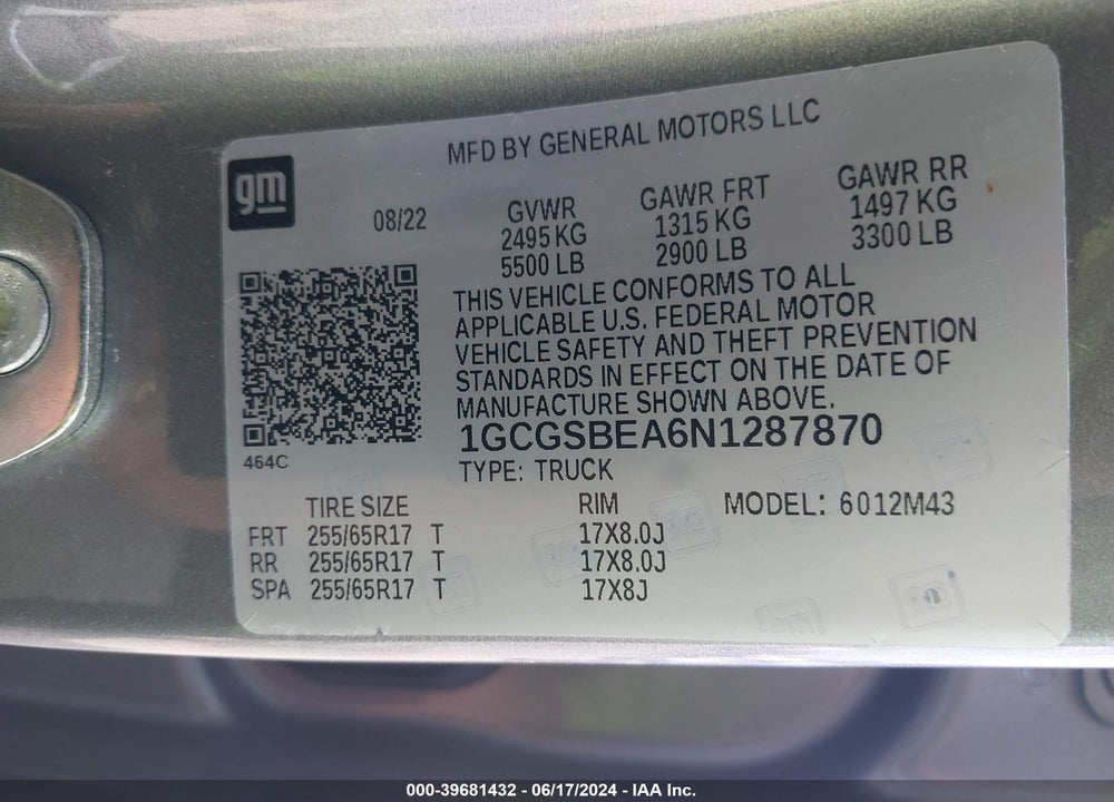 2022 CHEVROLET COLORADO 2WD SHORT BOX WT VIN: 1GCGSBEA6N1287870