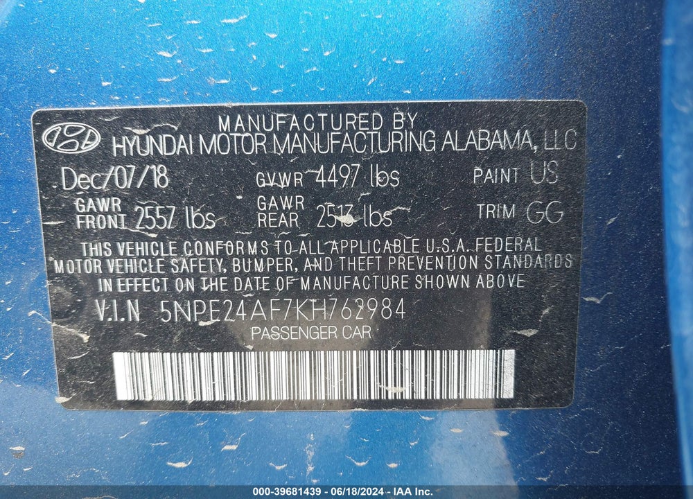 2019 HYUNDAI SONATA SE VIN: 5NPE24AF7KH762984