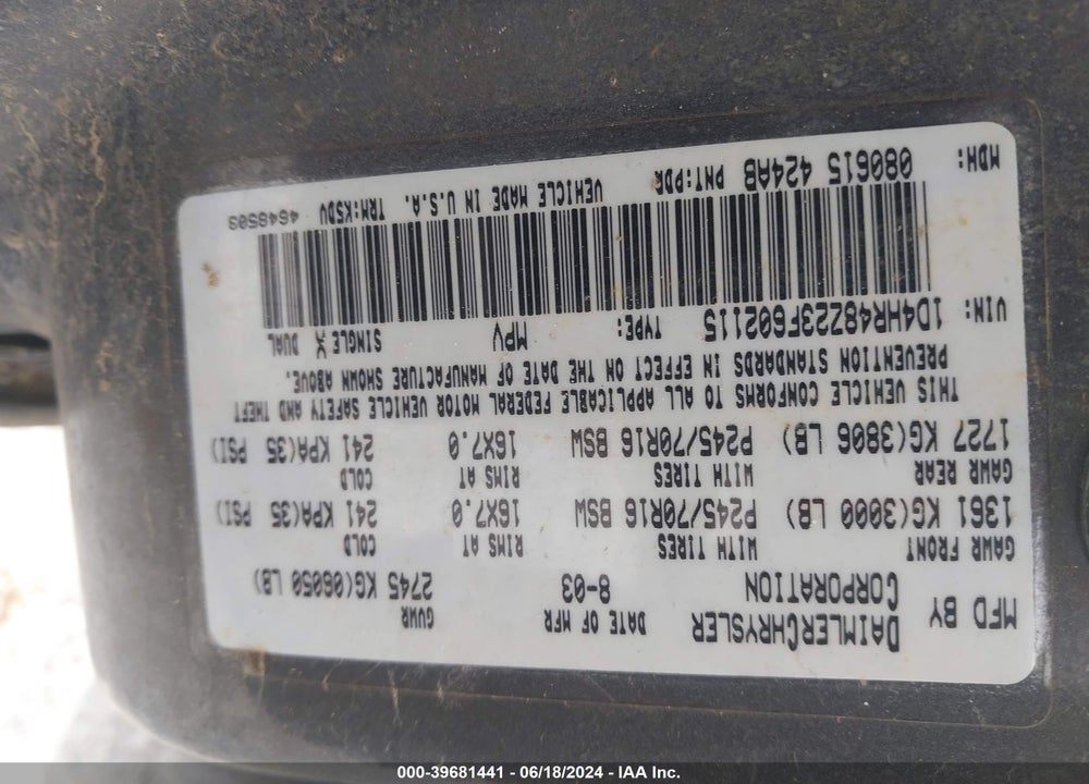2003 DODGE DURANGO SLT VIN: 1D4HR48Z23F602115