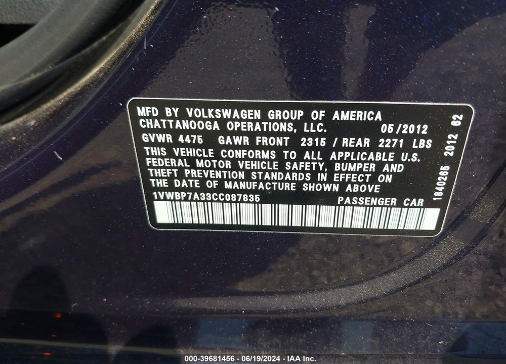 2012 VOLKSWAGEN PASSAT 2.5L SE VIN: 1VWBP7A33CC087835