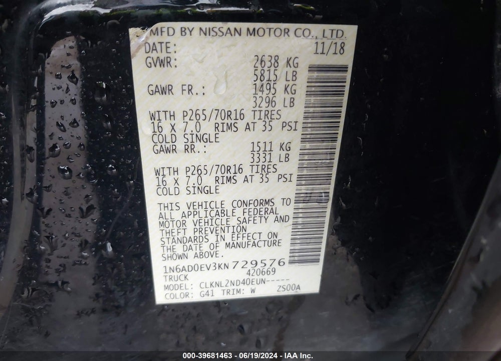 2019 NISSAN FRONTIER VIN: 1N6AD0EV3KN729576