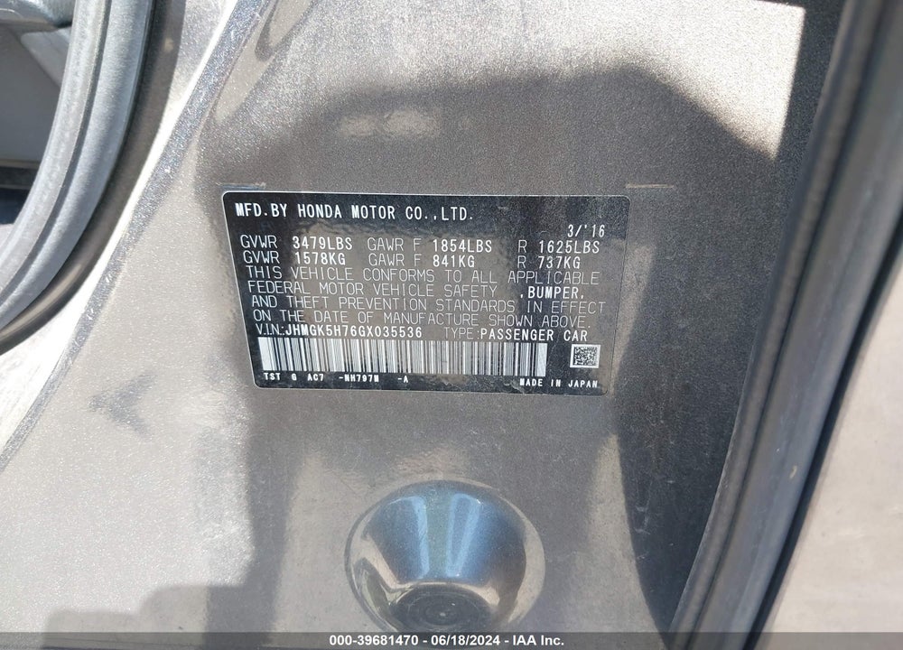 2016 HONDA FIT EX VIN: JHMGK5H76GX035536