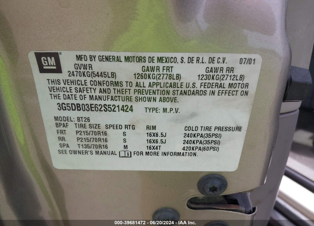 2002 BUICK RENDEZVOUS CXL VIN: 3G5DB03E62S521424