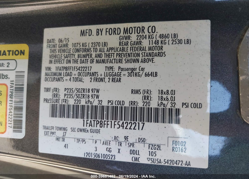 2015 FORD MUSTANG GT PREMIUM VIN: 1FATP8FF1F5422217