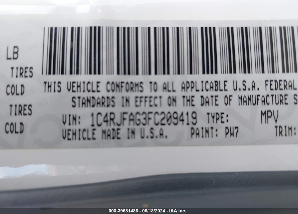 2015 JEEP GRAND CHEROKEE ALTITUDE VIN: 1C4RJFAG3FC209419