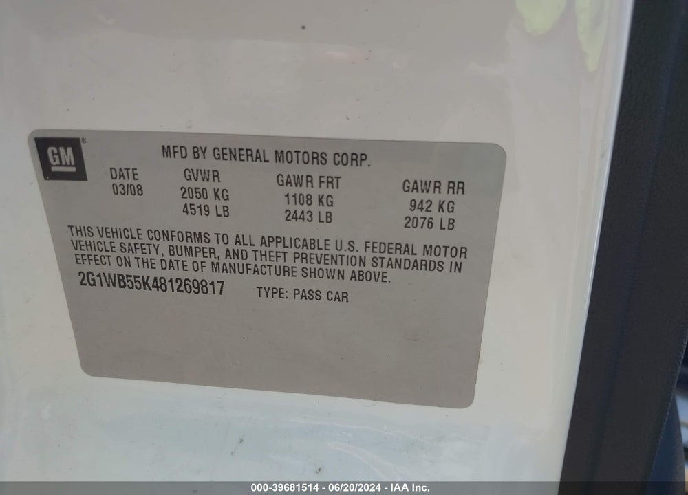 2008 CHEVROLET IMPALA LS VIN: 2G1WB55K481269817