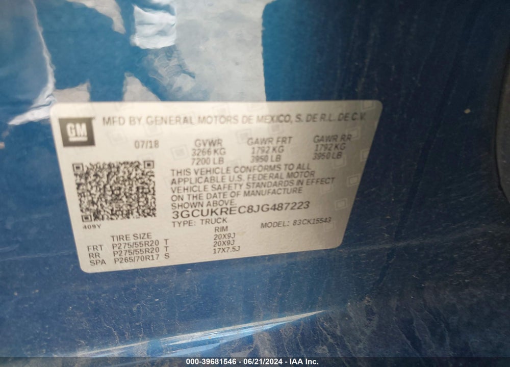 2018 CHEVROLET SILVERADO 1500 1LT VIN: 3GCUKREC8JG487223