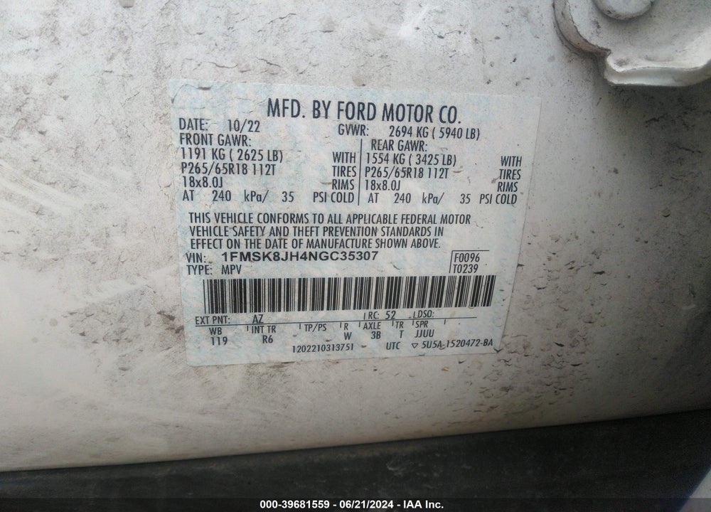2022 FORD EXPLORER TIMBERLINE VIN: 1FMSK8JH4NGC35307