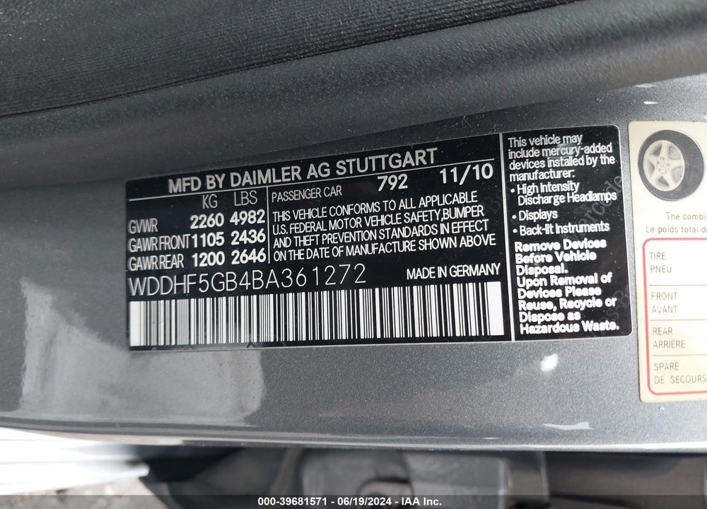 2011 MERCEDES-BENZ E 350 VIN: WDDHF5GB4BA361272