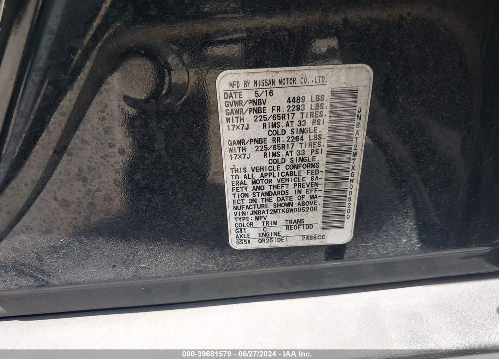 2016 NISSAN ROGUE S VIN: JN8AT2MTXGW005200