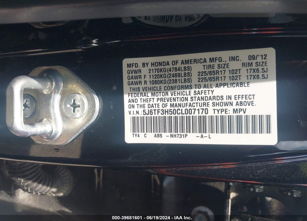 2012 HONDA CROSSTOUR 2.4 EX-L VIN: 5J6TF3H50CL007170