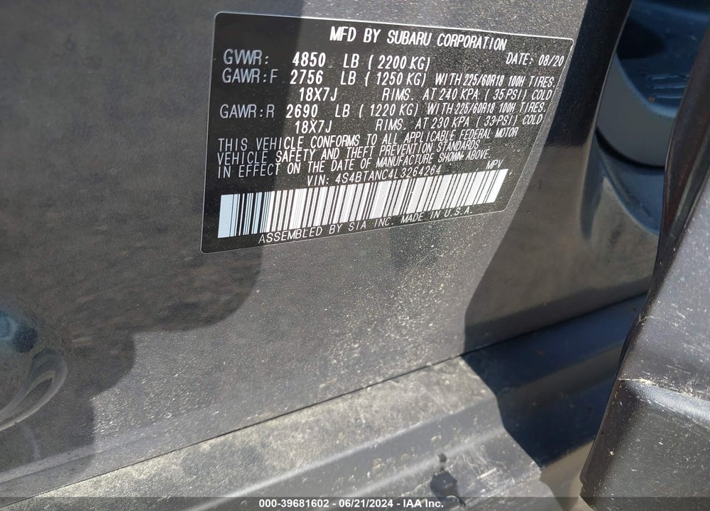 2020 SUBARU OUTBACK LIMITED VIN: 4S4BTANC4L3264264
