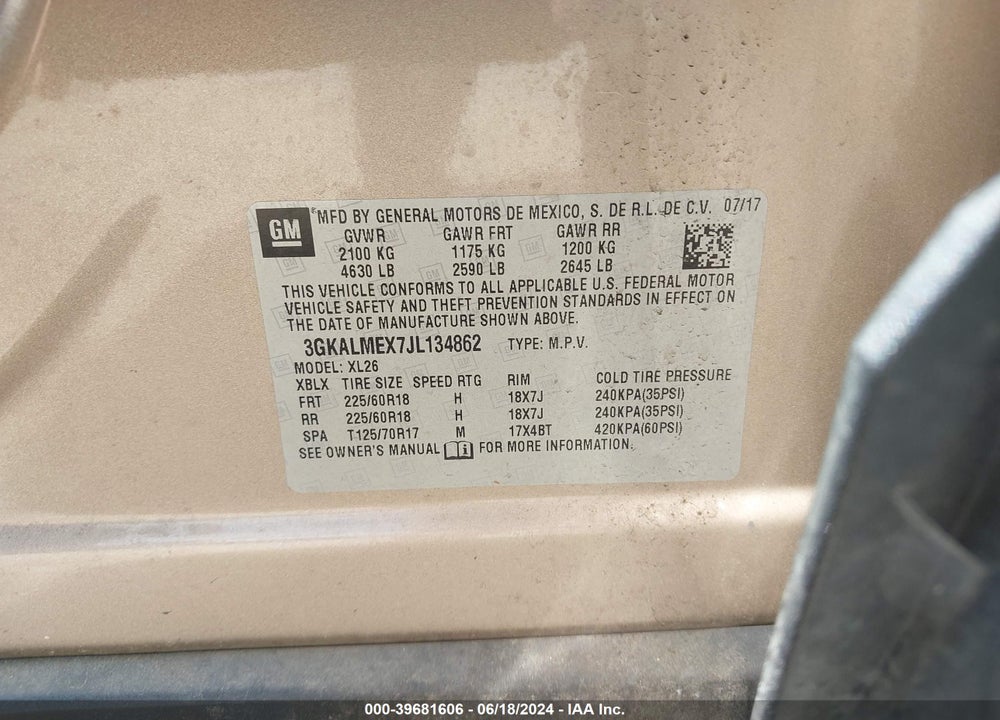 2018 GMC TERRAIN SLE VIN: 3GKALMEX7JL134862