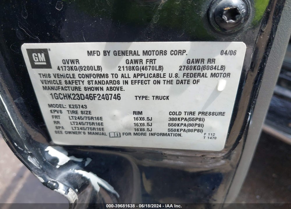 2006 CHEVROLET SILVERADO 2500HD LT1 VIN: 1GCHK23D46F240746
