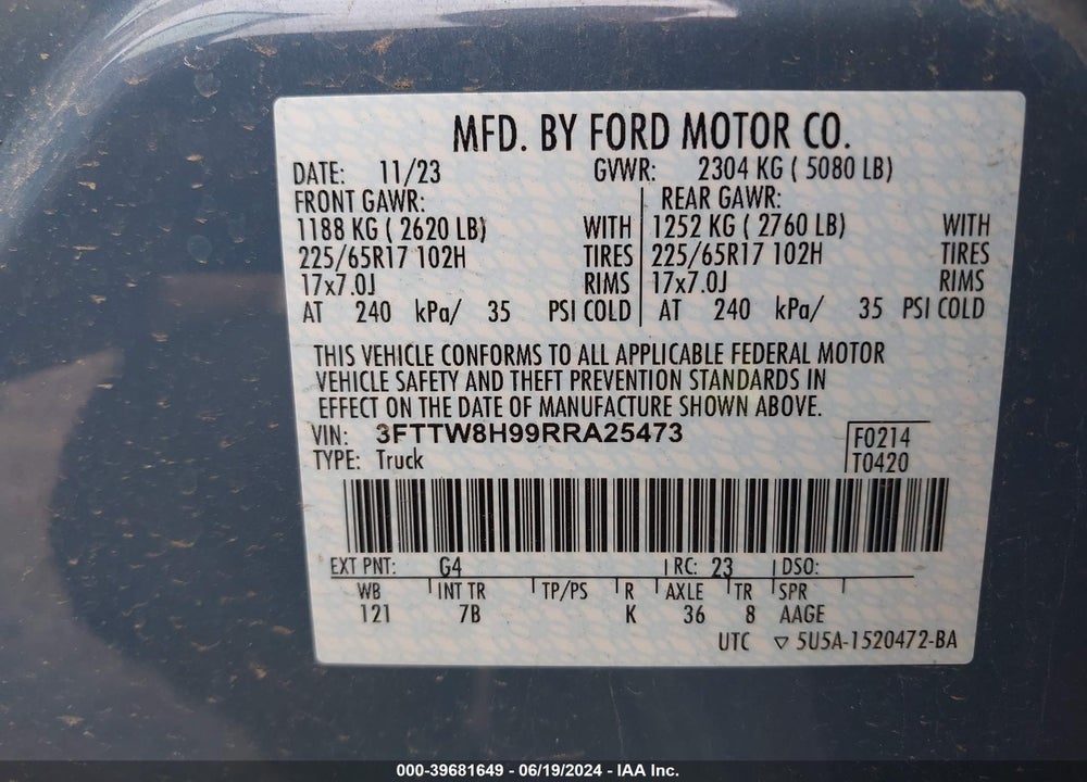 2024 FORD MAVERICK XLT VIN: 3FTTW8H99RRA25473